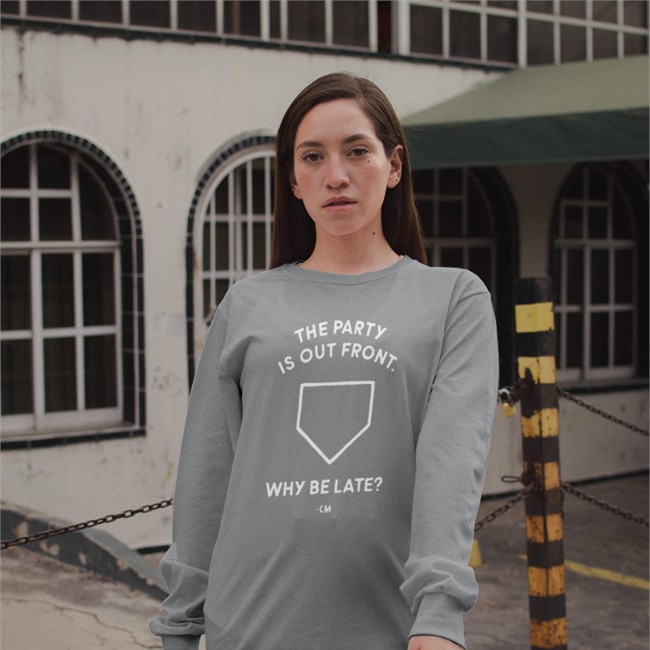 Hog Island Press Merch The Party Is Out Front Why Be Late Tee Shirt Charlie Manuel